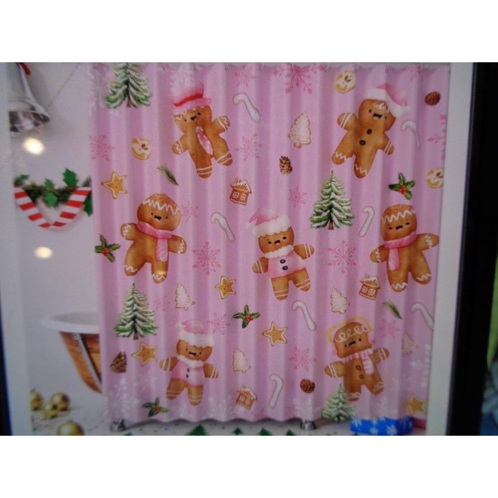 Pink Christmas Gingerbread Men Shower Curtain 72x72" NIP